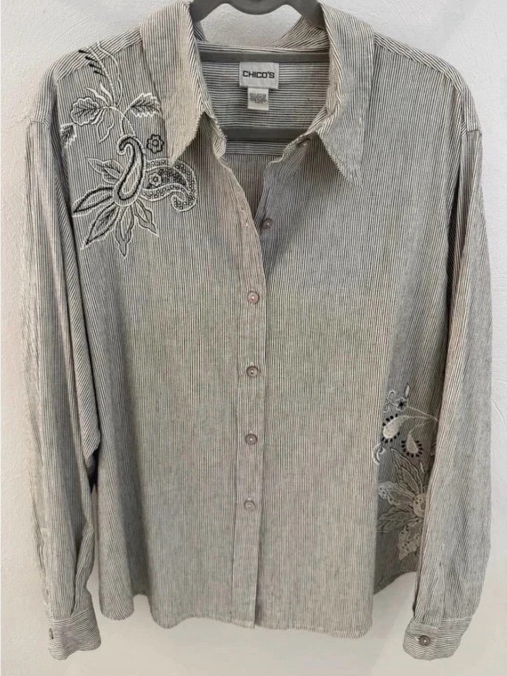 Chico's Light Gray Striped Button-Down Shirt Embroidered Detail Western Boho